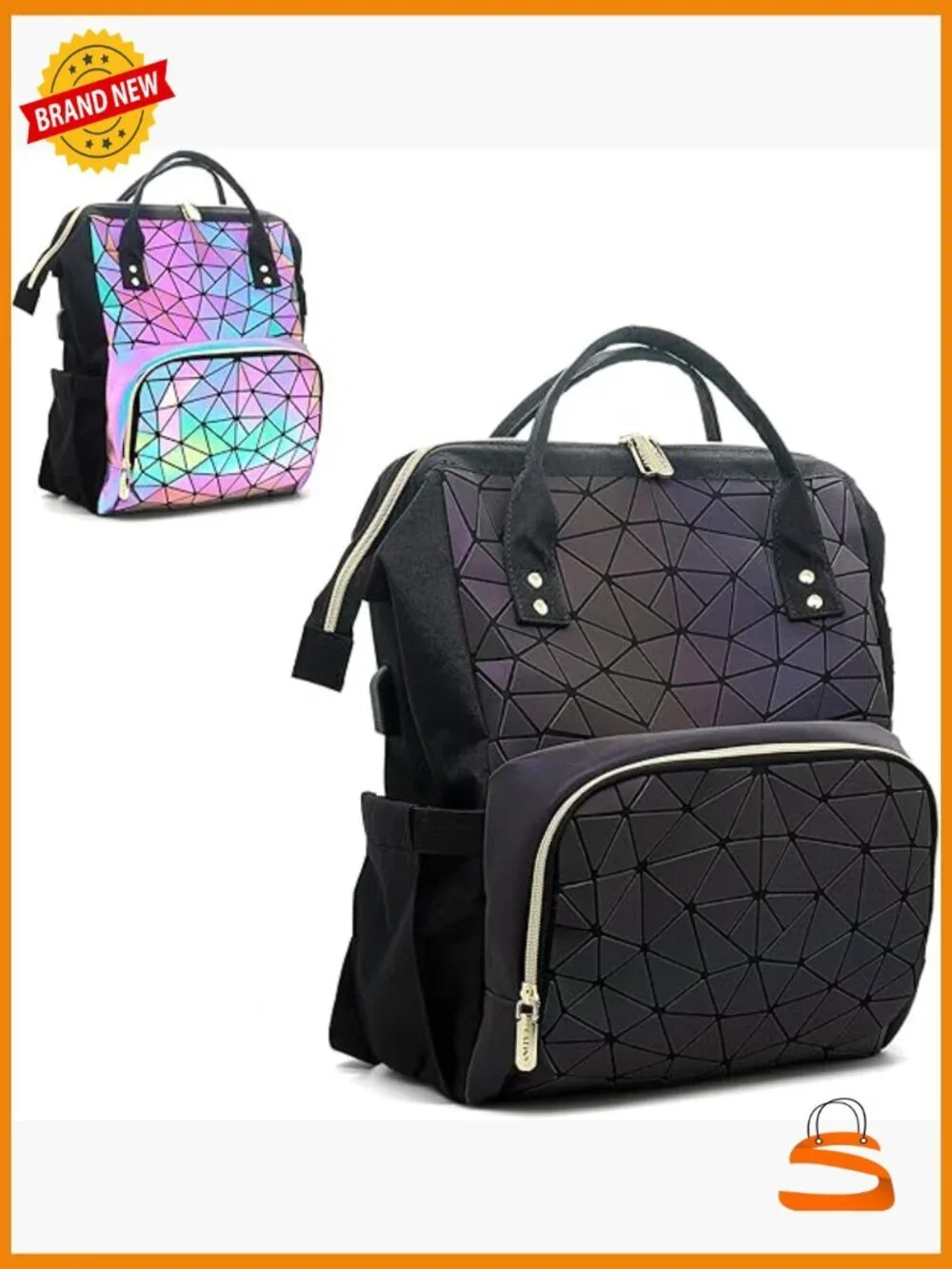 Geometric Holographic Laptop Backpack USB Port Travel Daypack